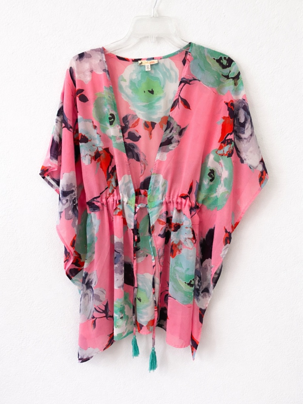 Women's Pink Floral Swim Cover-Up Kimono with Draw String Resortwear